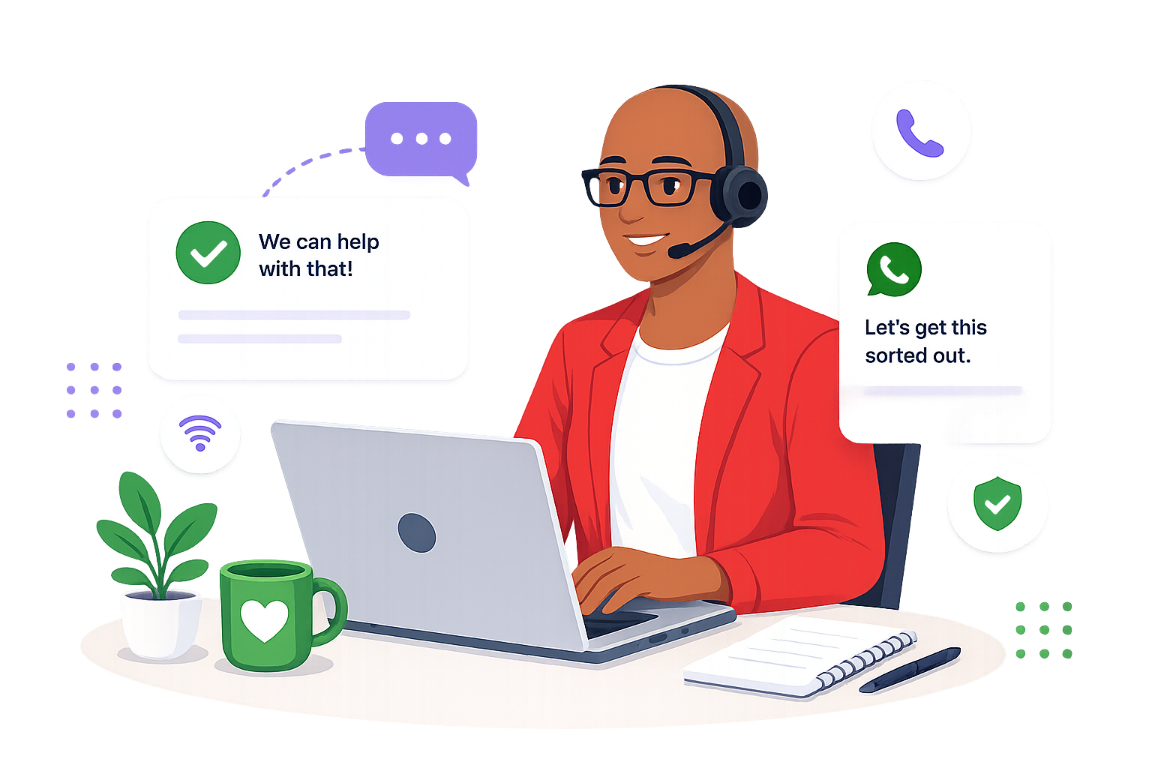 Friendly tech support specialist at a laptop with headset, ready to help